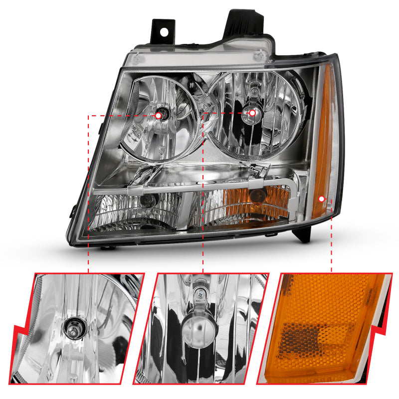 ANZO 2007-2014 Chevy Tahoe Crystal Headlight Chrome Amber(OE)