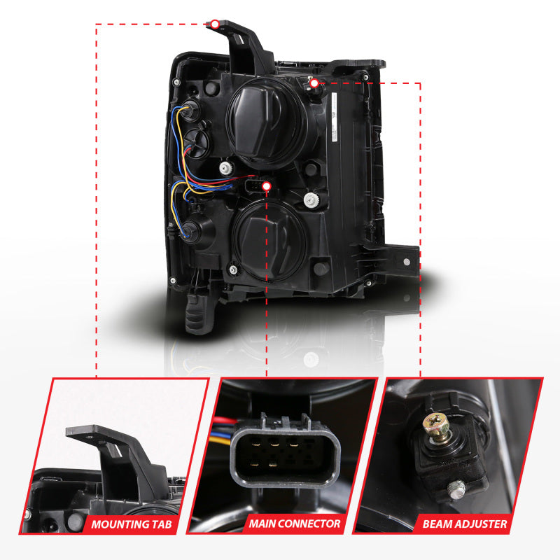 ANZO 14-15 Chevy Silverado 1500 Black Dual Switchback+Sequential LED Tube Sq. Projector Headlights