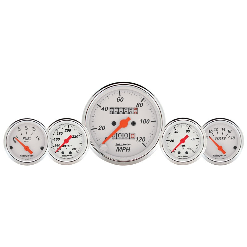AutoMeter Gauge Kit 5 Pc. 3-1/8in. & 2-1/16in. Mech. Speedo. Wtmp & Oilp Arctic Wht AutoMeter Gauges
