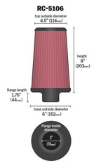 K&N Universal Chrome Round Tapered Air Filter 3in FlangeID / 6in Base OD / 4.5in Top OD / 8in Height