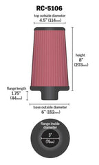 K&N Universal Chrome Round Tapered Air Filter 3in FlangeID / 6in Base OD / 4.5in Top OD / 8in Height