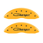 MGP 4 Caliper Covers Engraved Front & Rear 05-10 Dodge Charger R/T Yellow Finish Black Cursive Logo