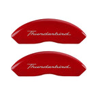 MGP 4 Caliper Covers Engrvd Front No bolts/Tbird Engrvd Rear/Tbird Emblem Red fnsh slvr ch