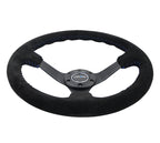 NRG Reinforced Steering Wheel (350mm / 3in. Deep) Blk Suede/Blue BBall Stitch w/5mm Matte Blk Spokes