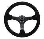 NRG Reinforced Steering Wheel (350mm / 3in. Deep) Blk Suede/Silver BBall Stitch w/5mm Mt. Blk Spokes