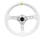 NRG Reinforced Steering Wheel (350mm / 3in. Deep) White Leather w/Silver Spoke & Single Yellow Mark