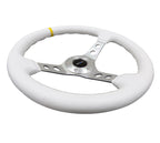 NRG Reinforced Steering Wheel (350mm / 3in. Deep) White Leather w/Silver Spoke & Single Yellow Mark