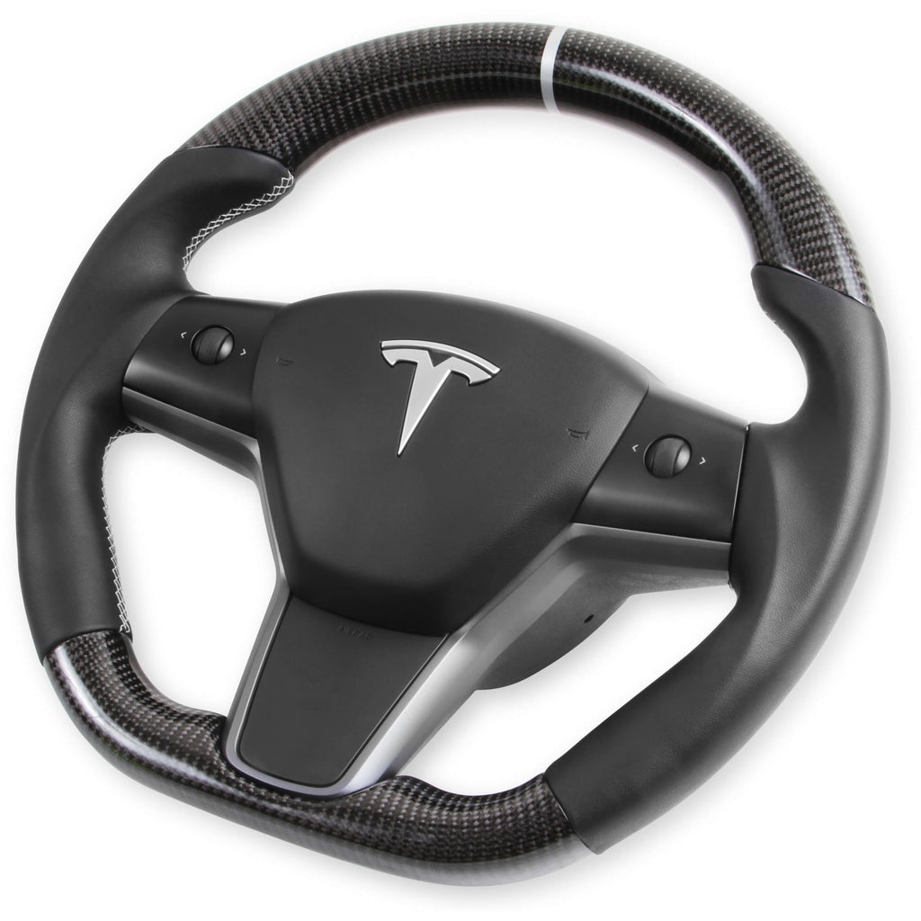 REKUDO STEERING WHEEL - CARBON FIBER WITH LEATHER GRIPS 2017-2021 Tesla Model 3 & 2020-2021 Tesla Model Y FI Performance