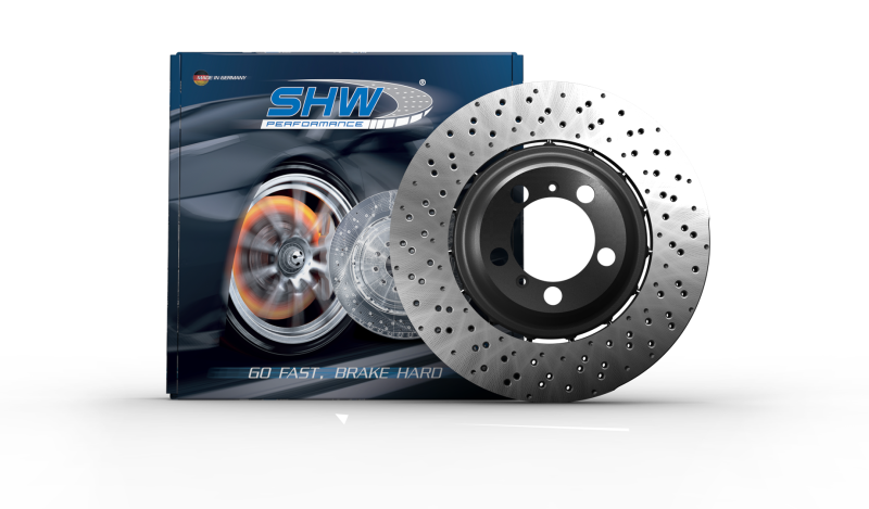 SHW 03-08 Lamborghini Gallardo 5.0L Right Front Cross-Drilled Lightweight Brake Rotor SHW Performance Brake Rotors - Drilled