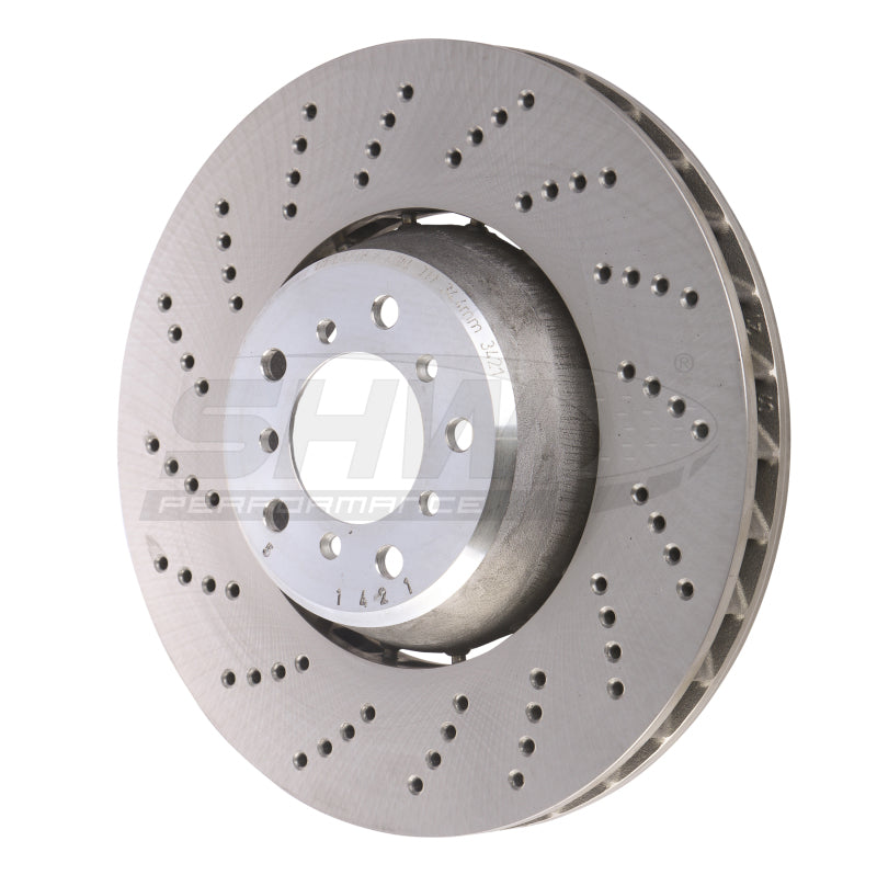 SHW 06-10 BMW M5 5.0L Left Front Cross-Drilled Lightweight Brake Rotor SHW Performance Brake Rotors - Drilled