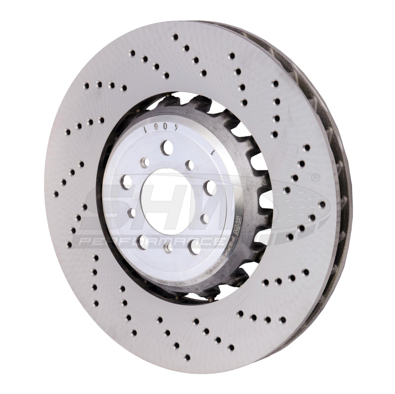 SHW 13-16 BMW M5 4.4L Right Front Cross-Drilled Lightweight Brake Rotor SHW Performance Brake Rotors - Drilled