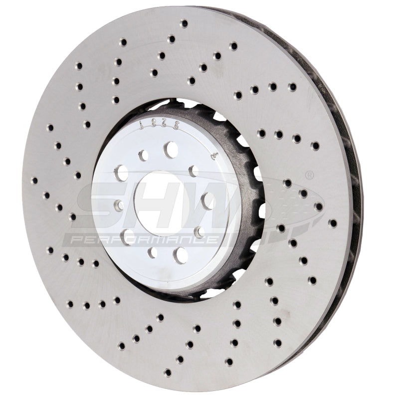 SHW 18-21 BMW M5 4.4L Left Front Cross-Drilled Lightweight Brake Rotor SHW Performance Brake Rotors - Drilled