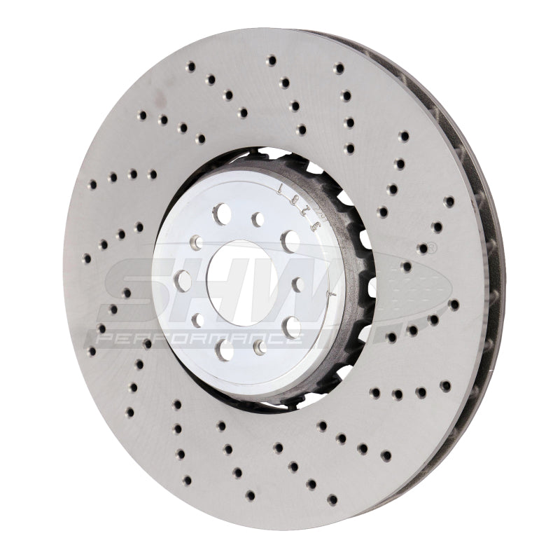 SHW 18-21 BMW M5 4.4L Right Front Cross-Drilled Lightweight Brake Rotor SHW Performance Brake Rotors - Drilled