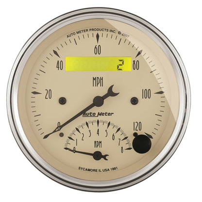 AutoMeter Gauge Tach/Speedo 3-3/8in. 120MPH & 8K RPM Elec. Program. Antq Beige AutoMeter Gauges