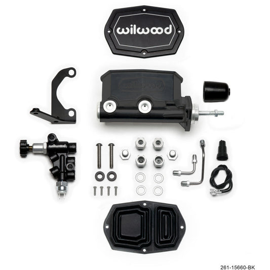 Wilwood Compact Tandem M/C - 15/16in Bore w/RH Bracket and Valve (Pushrod) - Black Wilwood Brake Master Cylinder