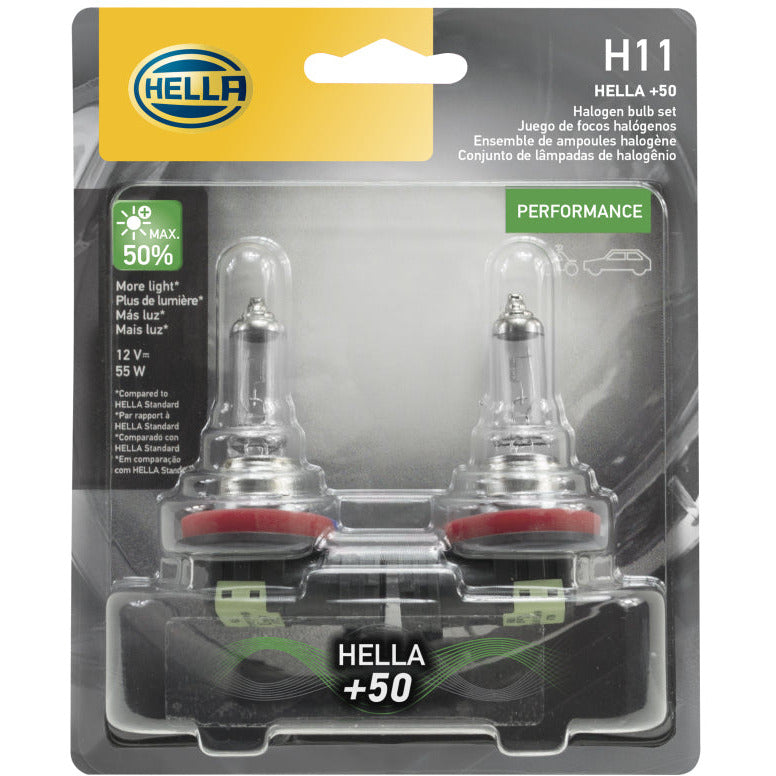 Hella H11 12V 55W PGJ19-2 T4 +50 Performance Halogen Bulb - Pair Hella Bulbs