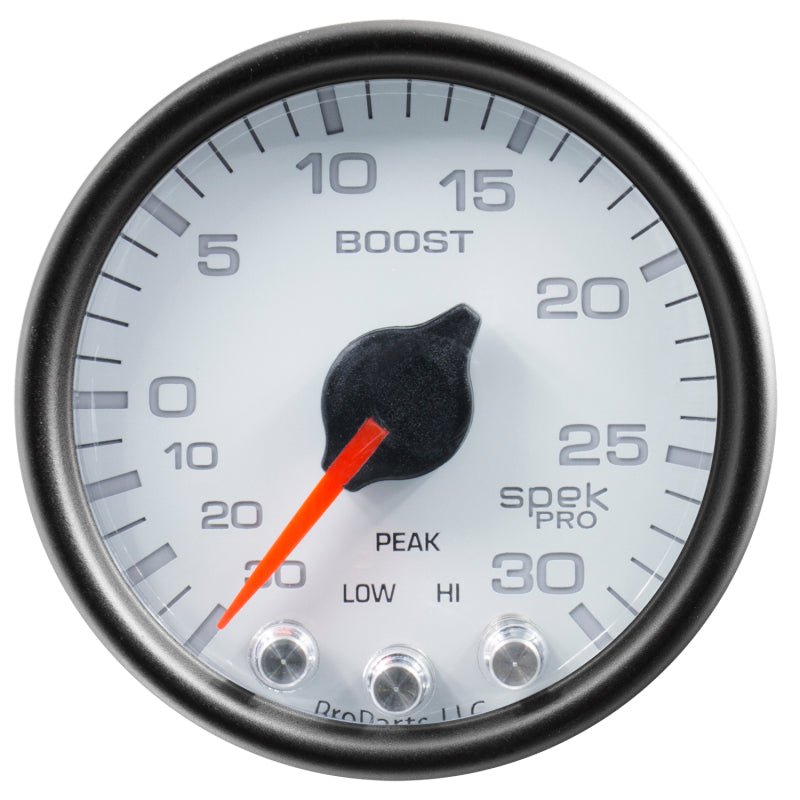 Autometer Spek-Pro Gauge Vac/Boost 2 1/16in 30Inhg-30psi Stepper Motor W/Peak & Warn White/Black AutoMeter Gauges