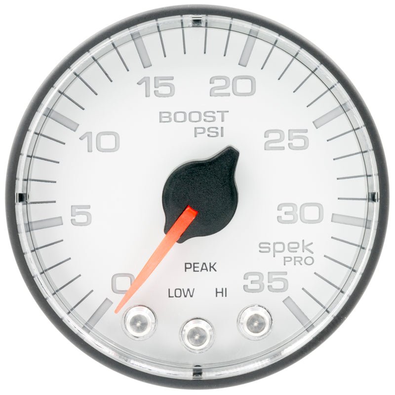 Autometer Spek-Pro 2 1/16in 35PSI Stepper Motor W/Peak & Warn White/Black Boost Gauge AutoMeter Gauges