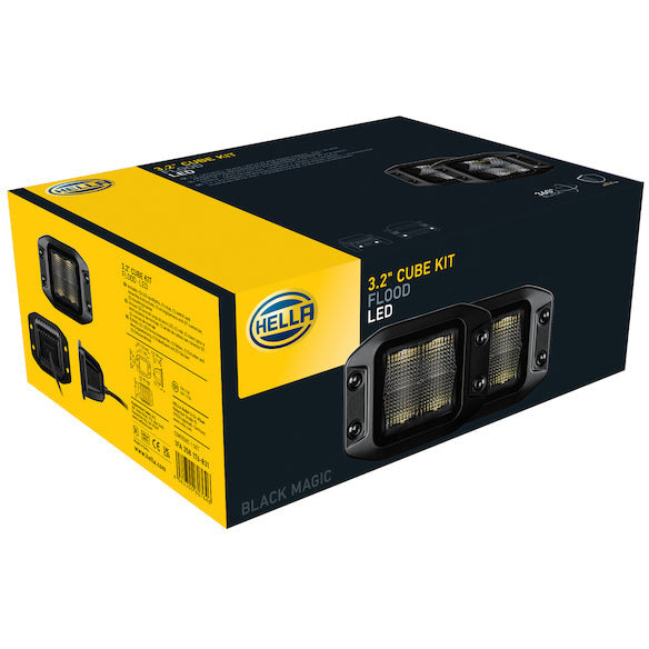 Hella Universal Black Magic 3.2in L.E.D. Cube Kit - Flood Beam (Flush Mount) Hella Fog Lights