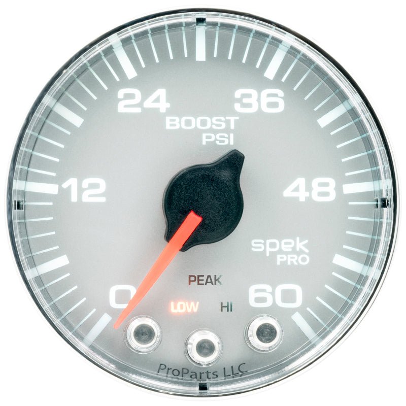 Autometer Spek-Pro Gauge Boost 2 1/16in 60psi Stepper Motor W/Peak & Warn Slvr/Chrm AutoMeter Gauges