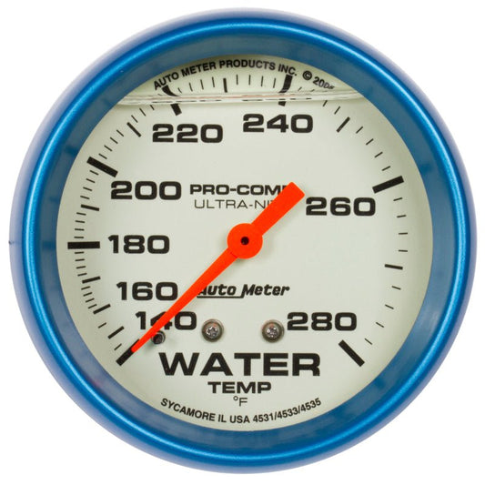 Autometer Ultra-Nite 2-5/8in 140-280 Degree Liquid Filled Mechanical Glow In Dark Water Temp Gauge AutoMeter Gauges