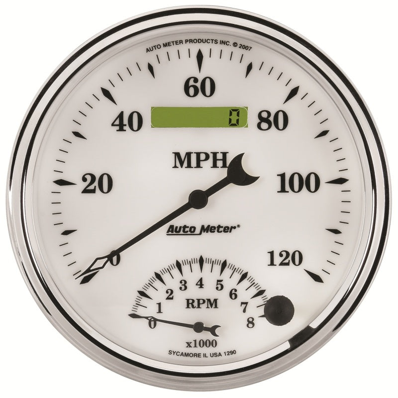 AutoMeter Gauge Tach/Speedo 5in. 120MPH & 8K RPM Elec. Program Old Tyme White II AutoMeter Gauges