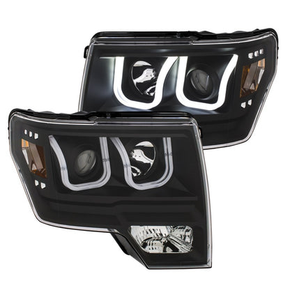 ANZO 2009-2014 Ford F-150 Projector Headlights w/ U-Bar Switchback Black w/ Amber