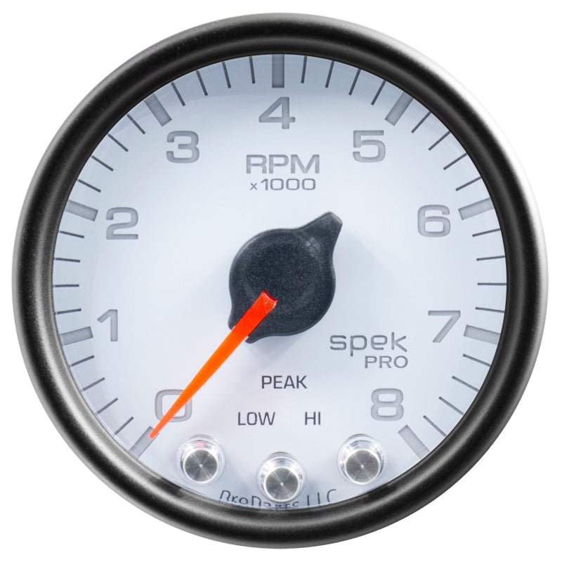 Autometer Spek-Pro Gauge Tach 2 1/16in 8K Rpm W/ Shift Light & Peak Mem Wht/Blk AutoMeter Gauges