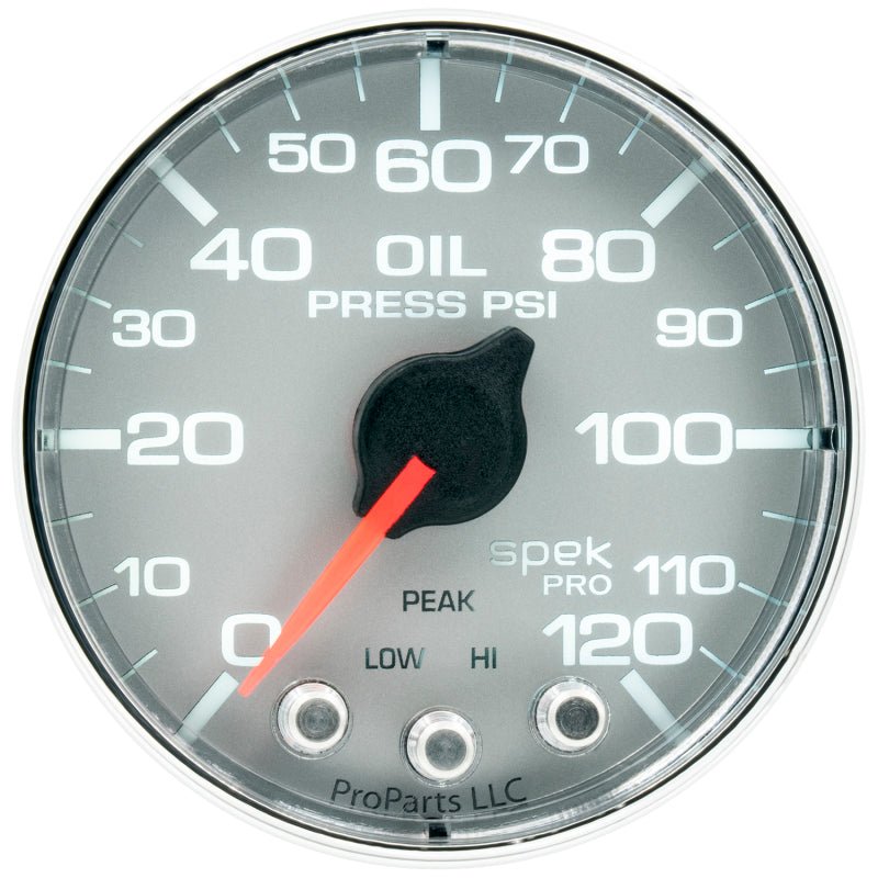 Autometer Spek-Pro Gauge Oil Press 2 1/16in 120psi Stepper Motor W/Peak & Warn Slvr/Chrm AutoMeter Gauges