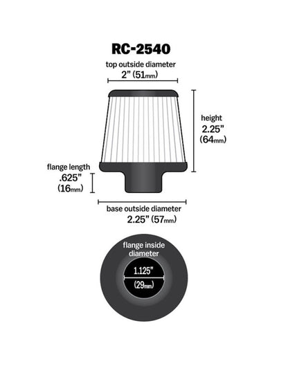 K&N Universal Chrome Filter 1 1/8 inch FLG / 2 1/4 inch Bottom / 2 inch Top / 2.5 inch Height