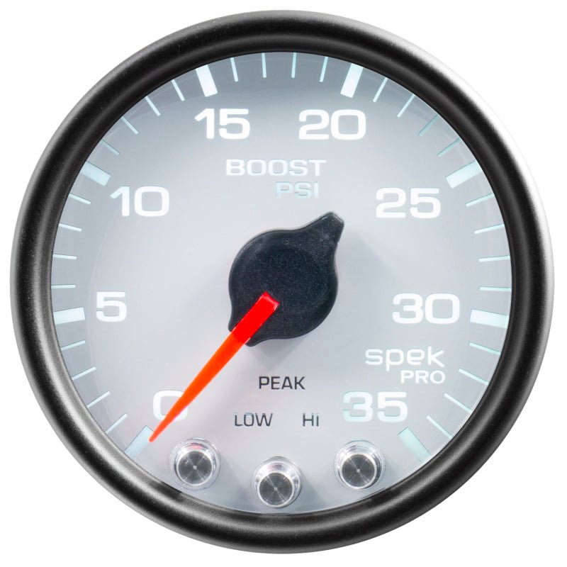 Autometer Spek-Pro Gauge Boost 2 1/16in 35psi Stepper Motor W/Peak & Warn White/Black AutoMeter Gauges