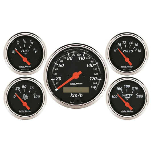Autometer Designer Black 5 Pc Kit w/ Elec KMH Speedo, Oil Press, Water Temp, Volt, Fuel Level AutoMeter Gauges