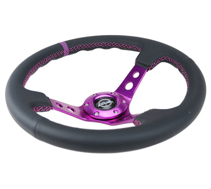 NRG Reinforced Steering Wheel (350mm / 3in. Deep) Black Leather w/Purple Center & Purple Stitching