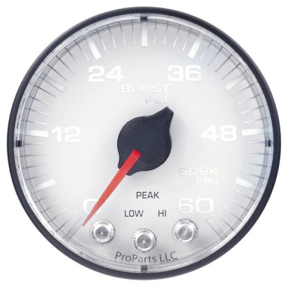 Autometer Spek-Pro Gauge Boost 2 1/16in 60psi Stepper Motor W/Peak & Warn Wht/Blk AutoMeter Gauges