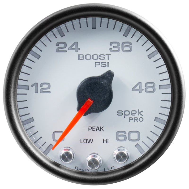 Autometer Spek-Pro Gauge Boost 2 1/16in 60psi Stepper Motor W/Peak & Warn Wht/Blk AutoMeter Gauges