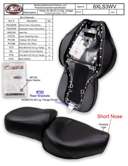 Mustang 96-03 Harley Sportster 3.3 Gal Vintage Touring-XIS 1PC Seat - Blackl