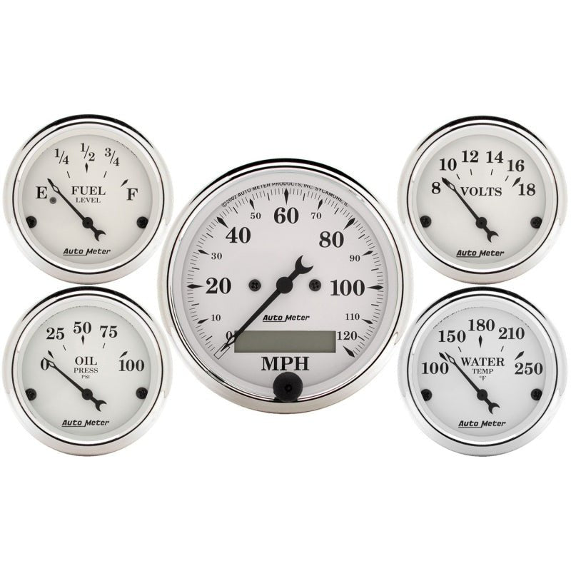 Autometer Old Tyme White 5 Piece Kit (Elec Speed/Elec Oil Press/Water Temp/Volt/Fuel Level) In-Dash AutoMeter Gauges
