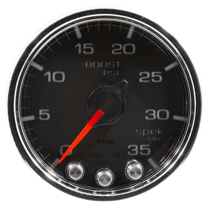 Autometer Spek-Pro Gauge Boost 2 1/16in 35psi Stepper Motor W/Peak & Warn Black/Chrome AutoMeter Gauges