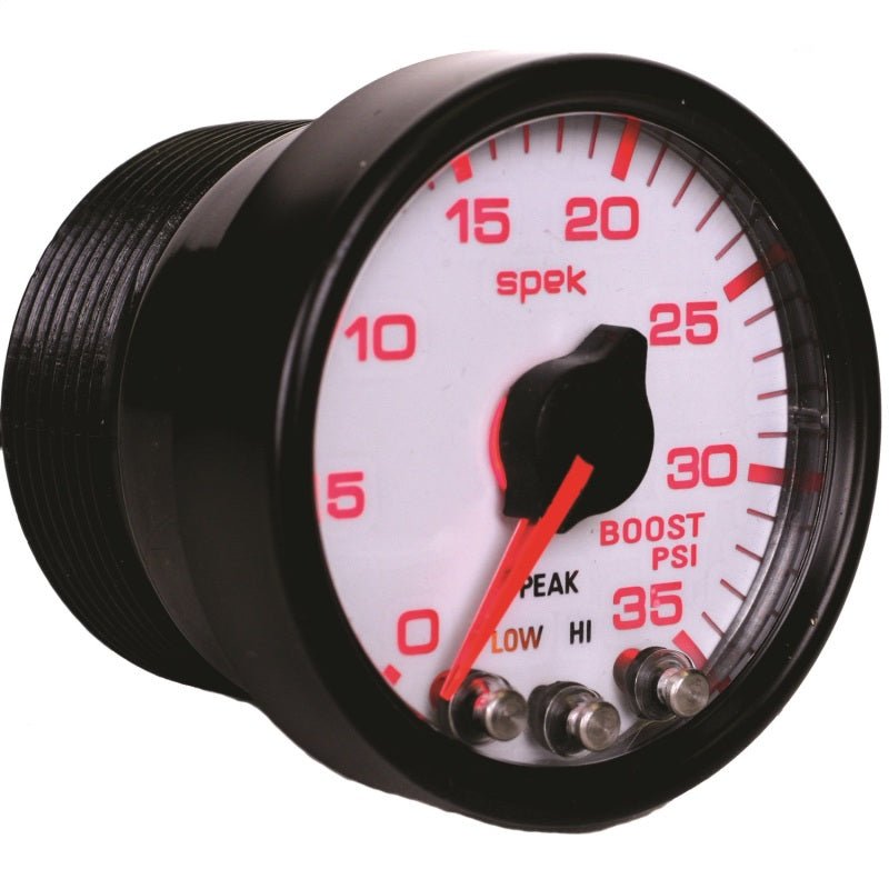 Autometer Spek-Pro Gauge Boost 2 1/16in 35psi Stepper Motor W/Peak & Warn White/Black AutoMeter Gauges