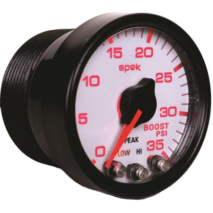 Autometer Spek-Pro Gauge Boost 2 1/16in 35psi Stepper Motor W/Peak & Warn White/Black AutoMeter Gauges