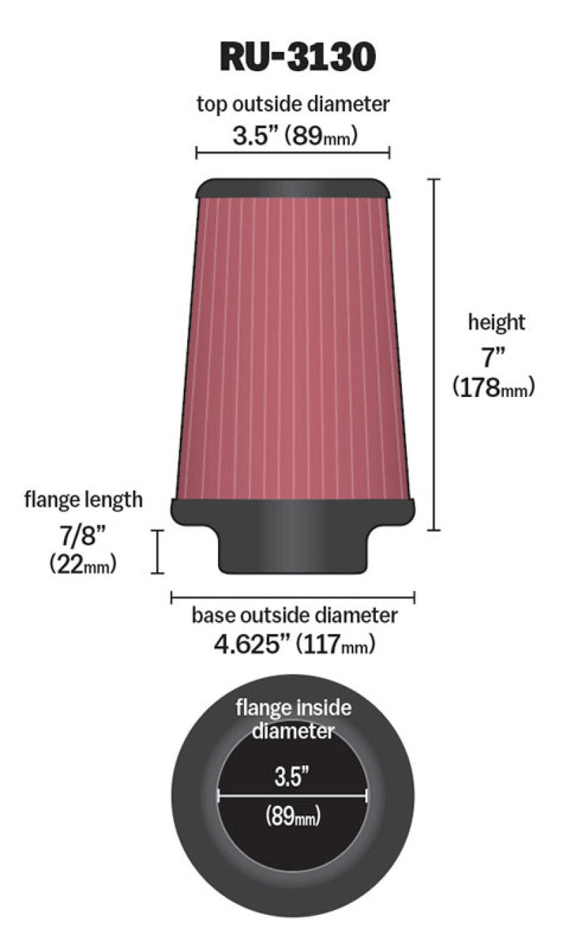 K&N Filter Universal Rubber Filter 3 1/2 inch Flange 4 5/8 inch Base 3 1/2 inch Top 7 inch Height