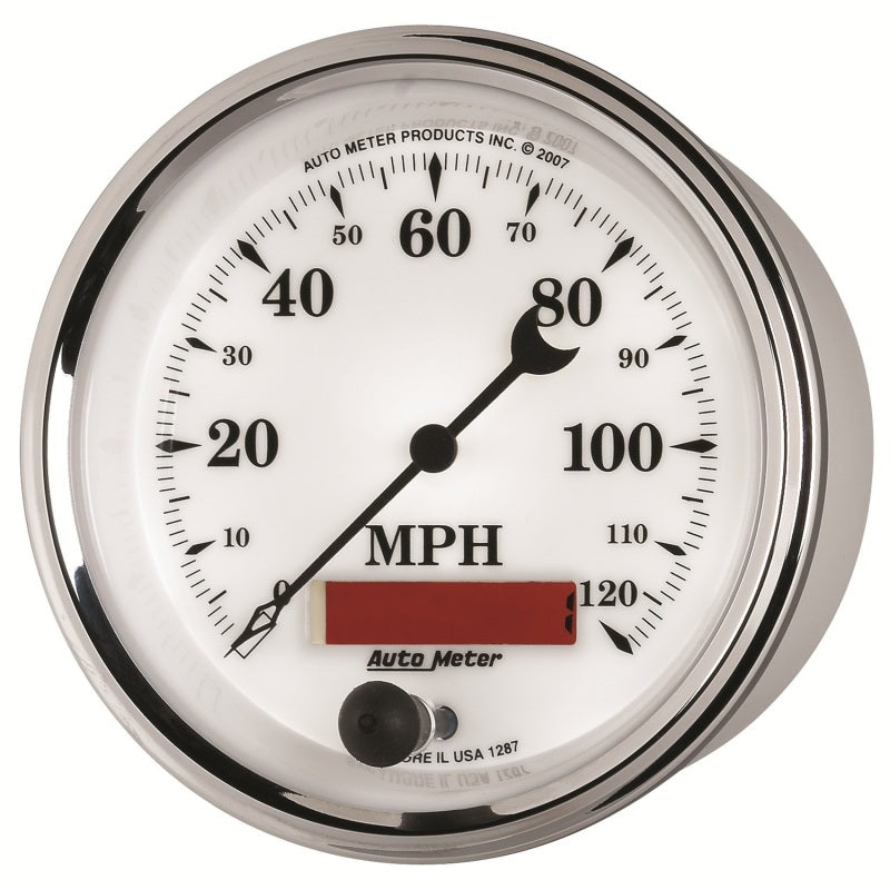 AutoMeter Gauge Speedometer 3-3/8in. 120MPH Elec. Prog. W/ Lcd Odo Old Tyme Wht II AutoMeter Gauges