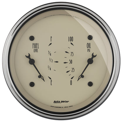 AutoMeter Gauge Dual Fuel & Oilp 3-3/8in. 0 Ohm(e) to 90 Ohm(f)& 100PSI Elec Antq Beige AutoMeter Gauges