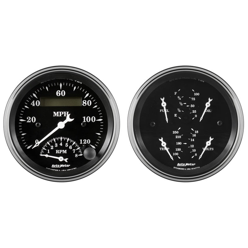 Auto Meter Gauge Kit 2 pc. Quad & Tach/Speedo 3 3/8in Old Tyme Black AutoMeter Gauge Pods