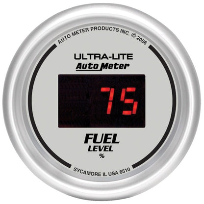 Autometer Ultra-Lite Digital 2-1/16in 0-280 OHM Silver Dial w/ Red LED Programmable Fuel Level Gage AutoMeter Gauges