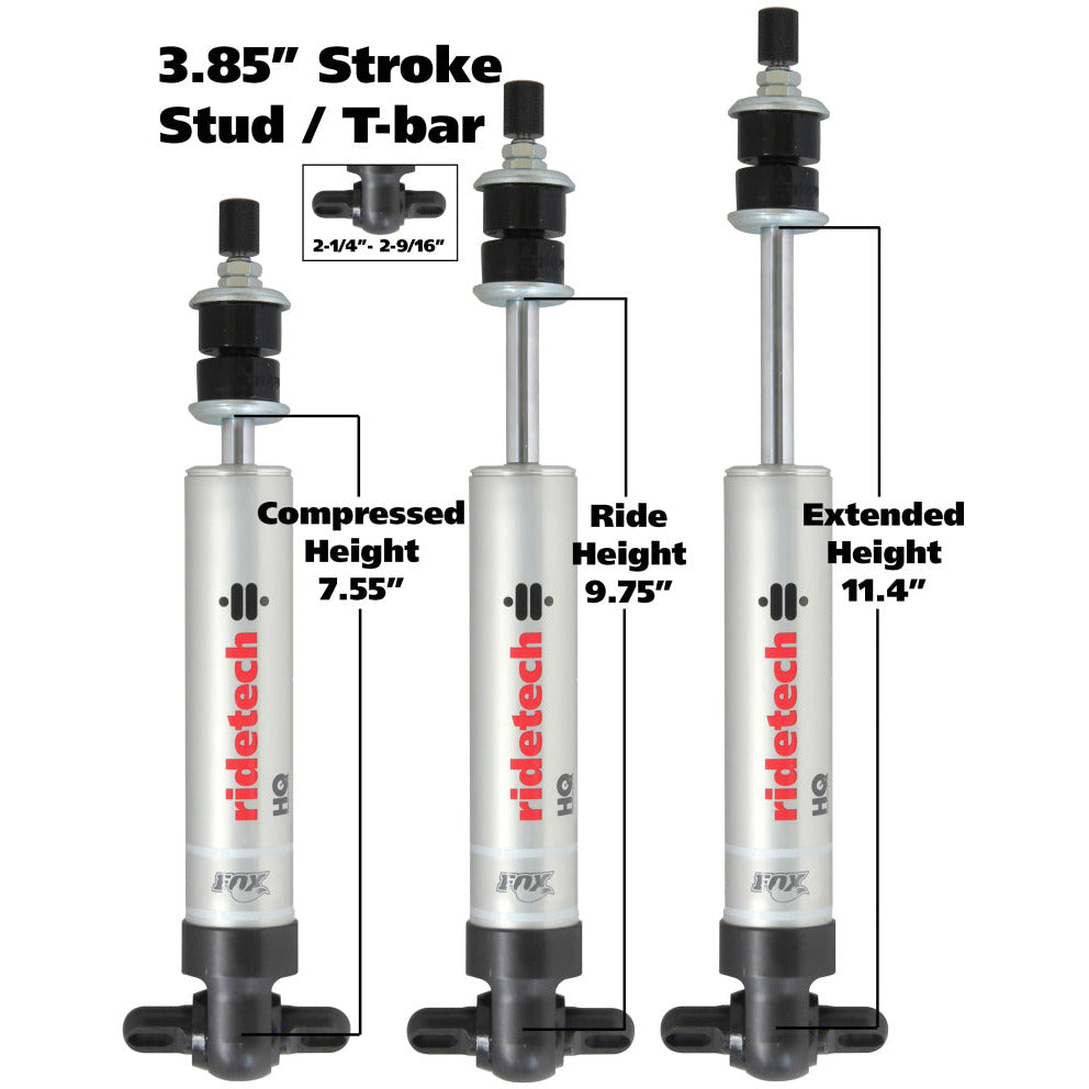 Ridetech HQ Series Shock Absorber Fixed Valve 3.85 Stroke Narrow T-bar/Stud Mounting 7.55in x 11.4in Ridetech Shocks and Struts