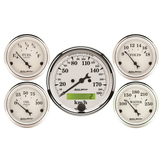Autometer Old Tyme White 5 Pc Kit-Elec Speed(Km/H)/Elec Oil Press/Water Temp/Volt/Fuel Level AutoMeter Gauges