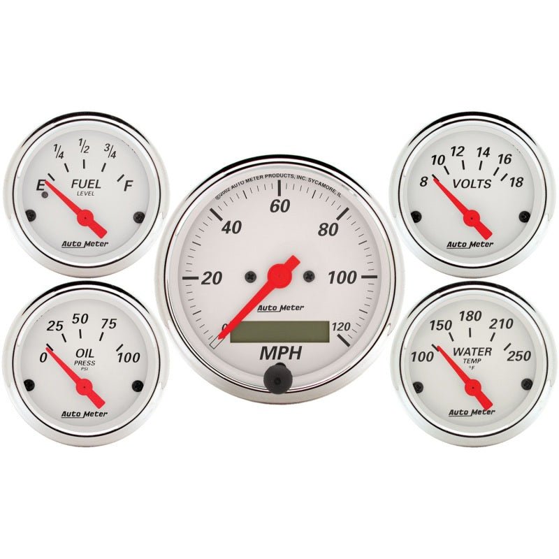 Autometer Arctic White 5 Pc Kit Box w/ Elec Speedo, Elec Oil Press, Water Temp, Volt, Fuel Level AutoMeter Gauges