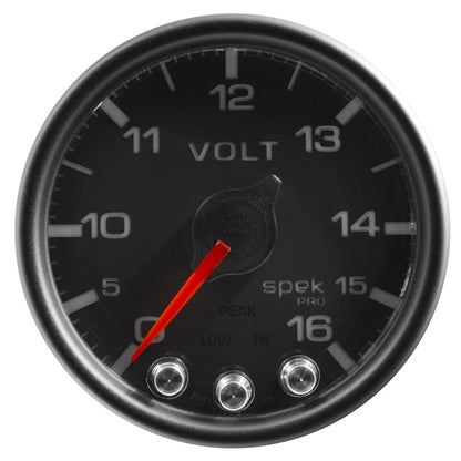 Autometer Spek-Pro Gauge Voltmeter 2 1/16in 16V Stepper Motor W/Peak & Warn Blk/Blk AutoMeter Gauges