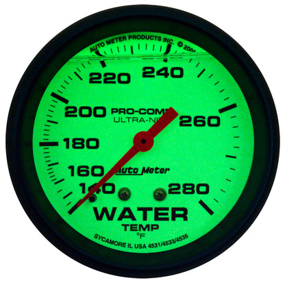 AutoMeter Gauge Wtemp 2-5/8in. 140-280 Deg. F Liq Filld Mech 4ft. Glow In Dark Ultra-Nite AutoMeter Gauges